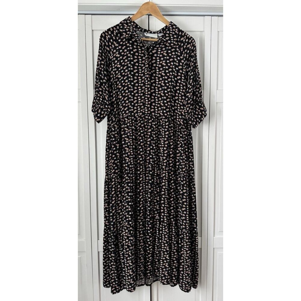 Ella Simone Dress Womens 2X Black Floral Midi Popover Full Length Prairie Plus